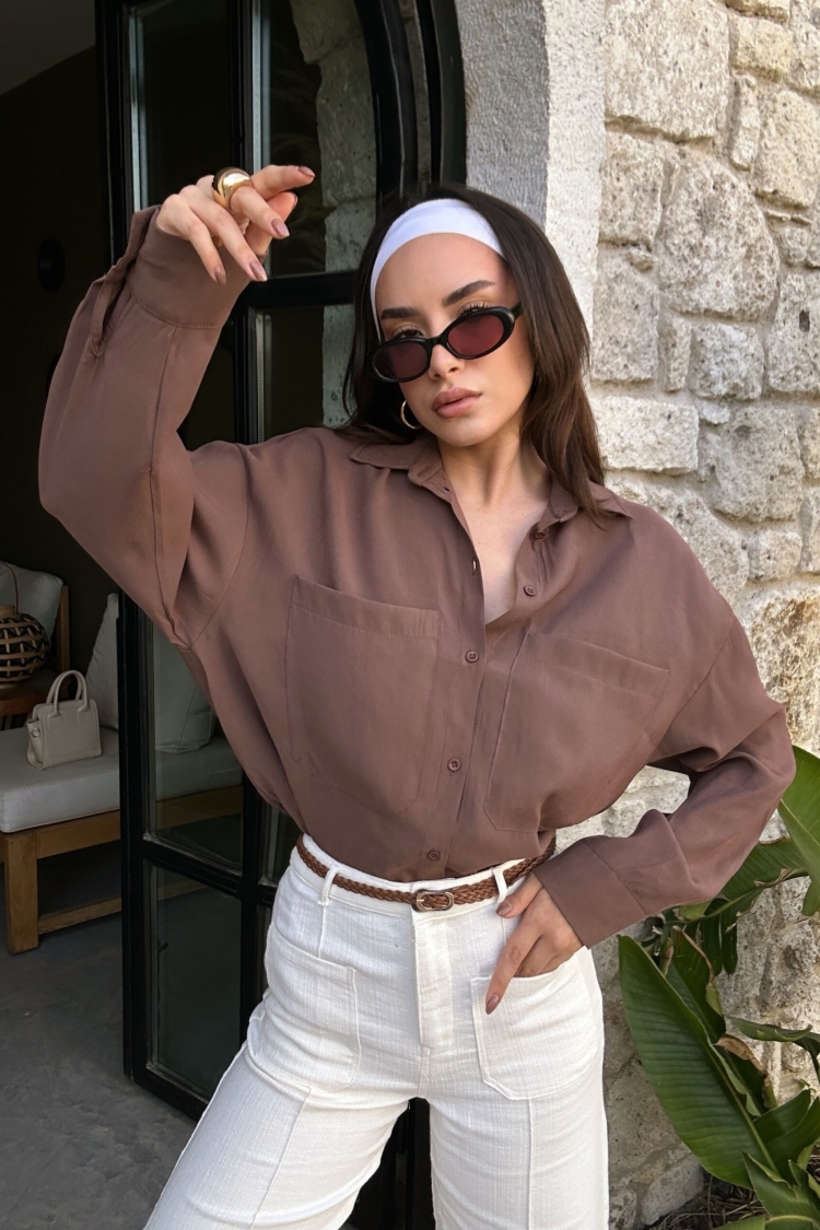 100% Modal Fabric Pocket Detailed Oversize Long Shirt 29108