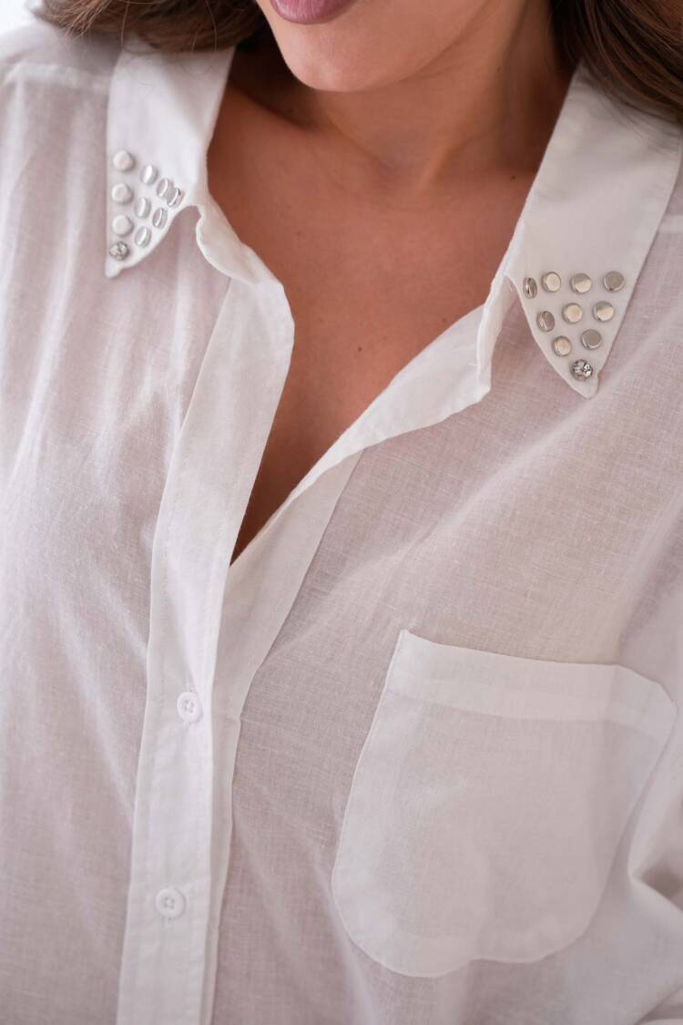 100% Cotton Slim Voile Collar Stone Detailed Oversize Pocket Shirt 29024
