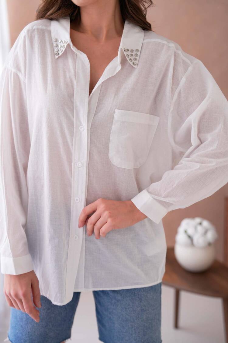 100% Cotton Slim Voile Collar Stone Detailed Oversize Pocket Shirt 29024