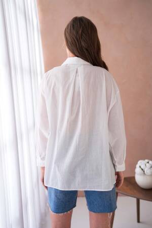 100% Cotton Slim Voile Collar Stone Detailed Oversize Pocket Shirt 29024 - First Angels - Globality Store - Women Clothes Wholesale Turkey