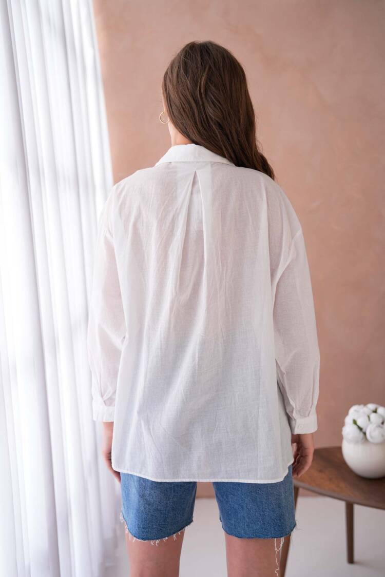 100% Cotton Slim Voile Collar Stone Detailed Oversize Pocket Shirt 29024