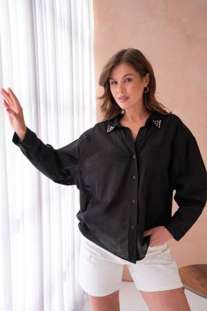 100% Cotton Slim Voile Collar Stone Detailed Oversize Pocket Shirt 29024 - First Angels - Globality Store - Women Clothes Wholesale Turkey