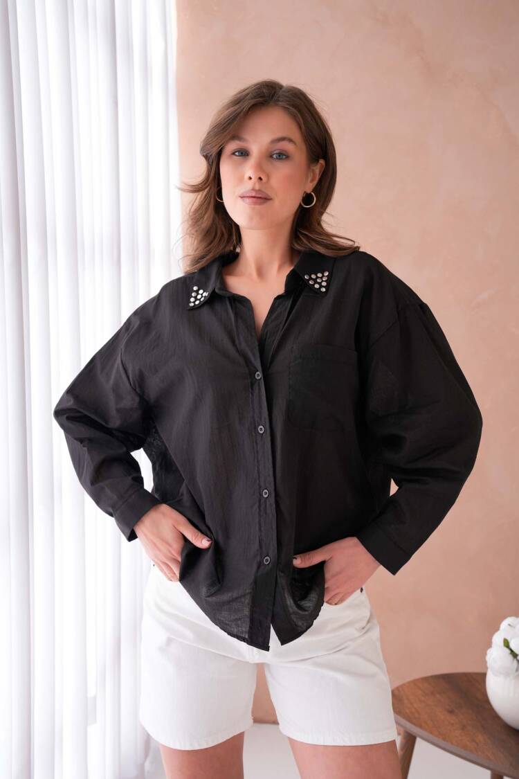 100% Cotton Slim Voile Collar Stone Detailed Oversize Pocket Shirt 29024