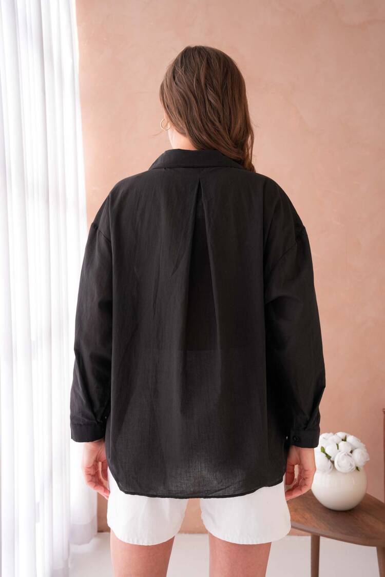100% Cotton Slim Voile Collar Stone Detailed Oversize Pocket Shirt 29024