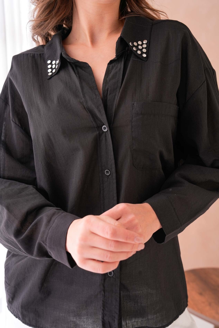 100% Cotton Slim Voile Collar Stone Detailed Oversize Pocket Shirt 29024