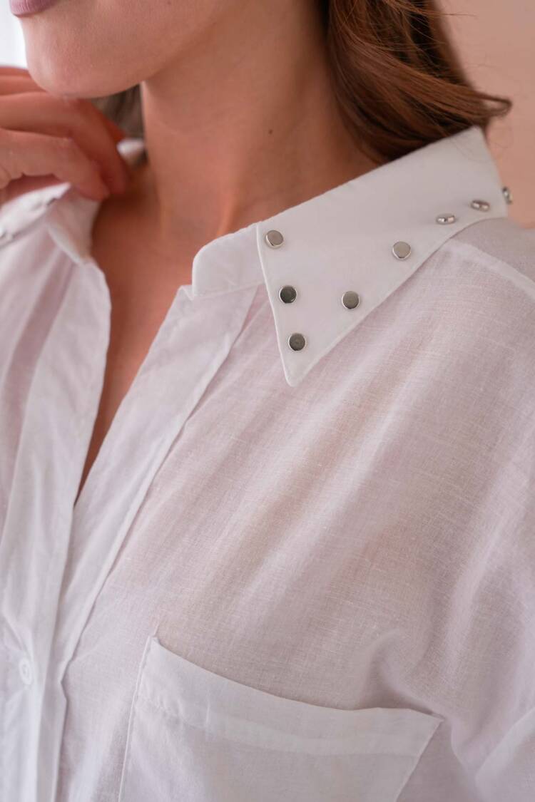 100% Cotton Slim Voile Stone Detailed Oversize Pocket Shirt 29047