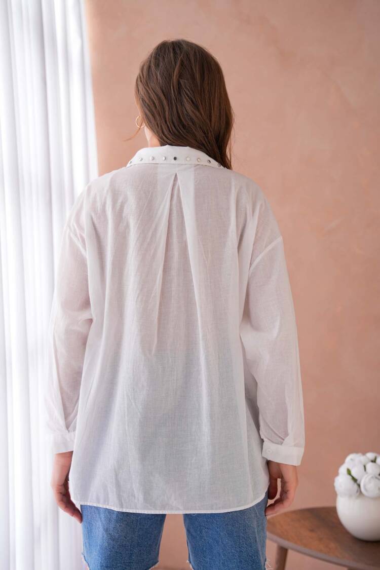 100% Cotton Slim Voile Stone Detailed Oversize Pocket Shirt 29047
