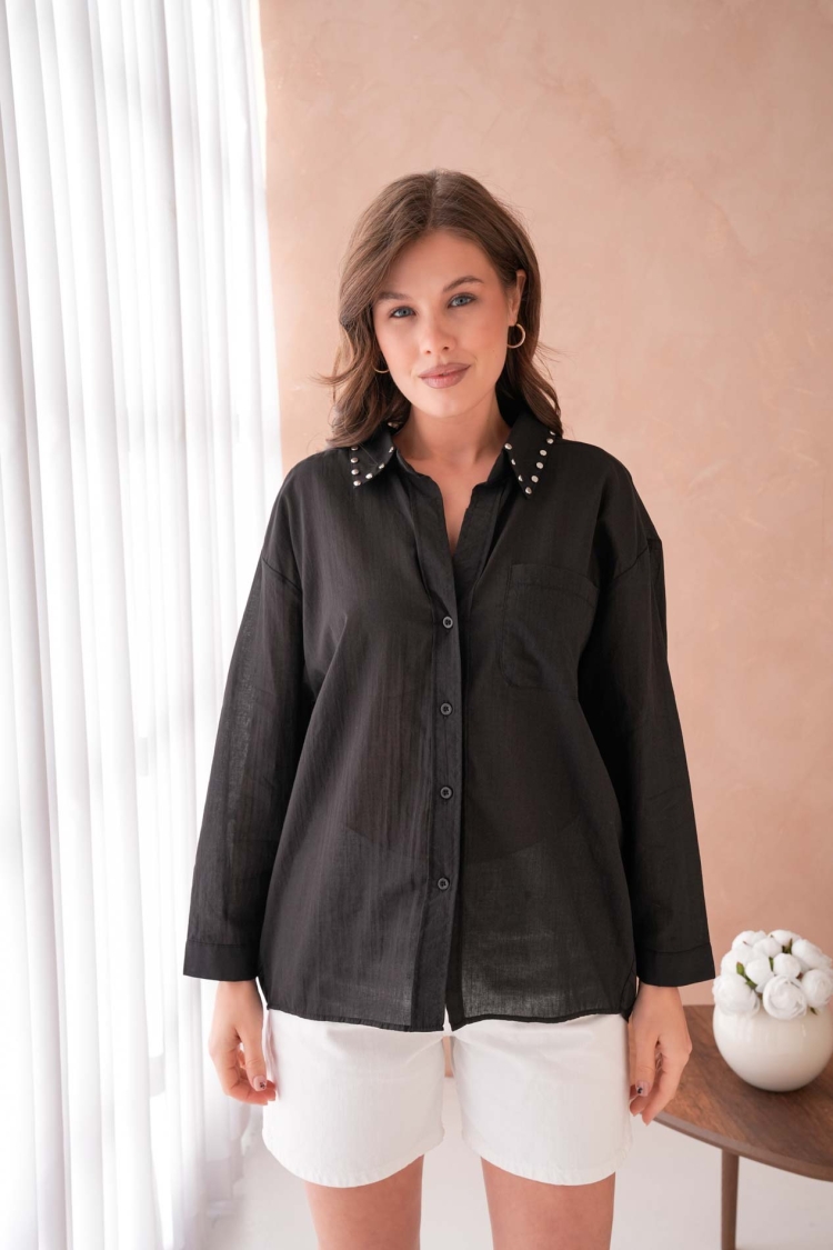100% Cotton Slim Voile Stone Detailed Oversize Pocket Shirt 29047