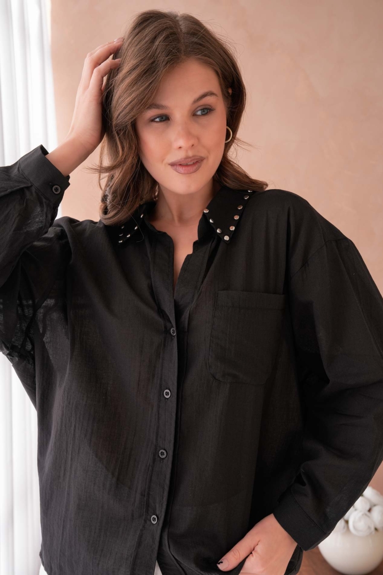100% Cotton Slim Voile Stone Detailed Oversize Pocket Shirt 29047