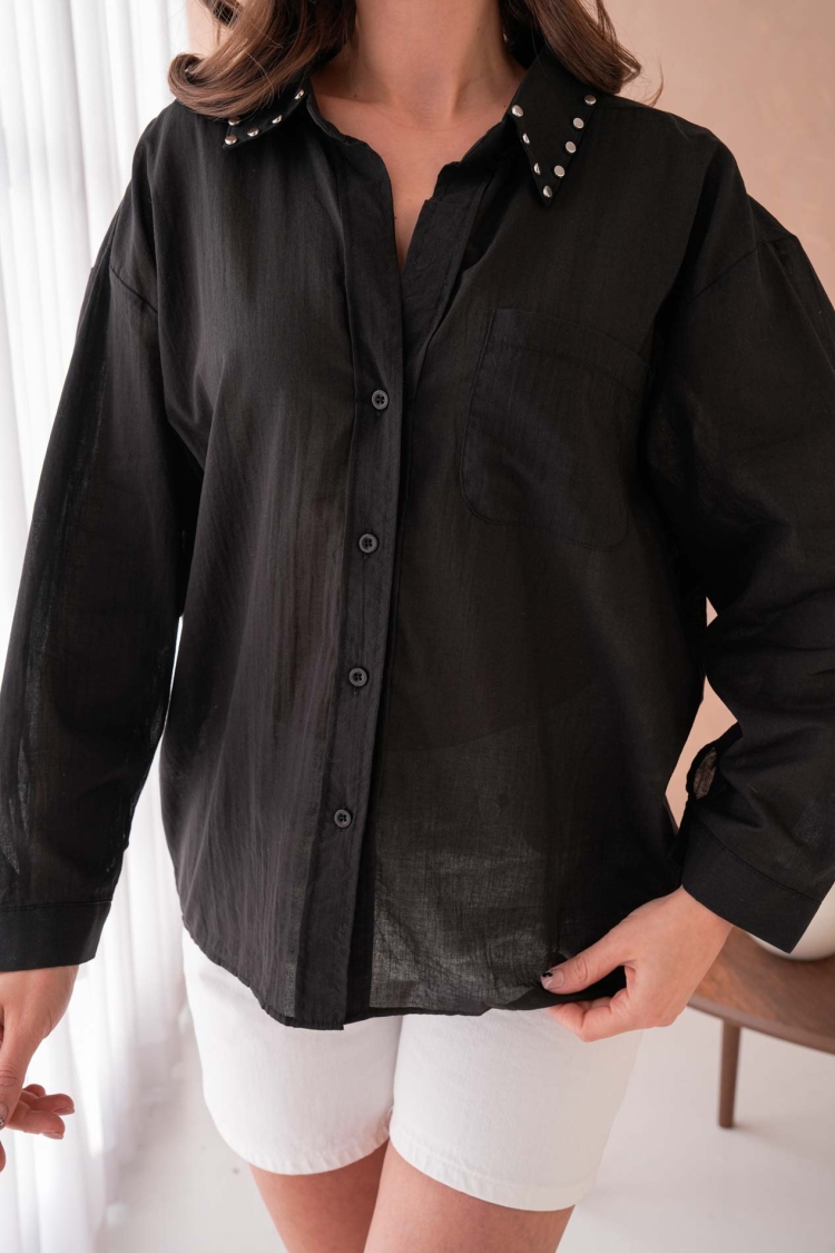 100% Cotton Slim Voile Stone Detailed Oversize Pocket Shirt 29047