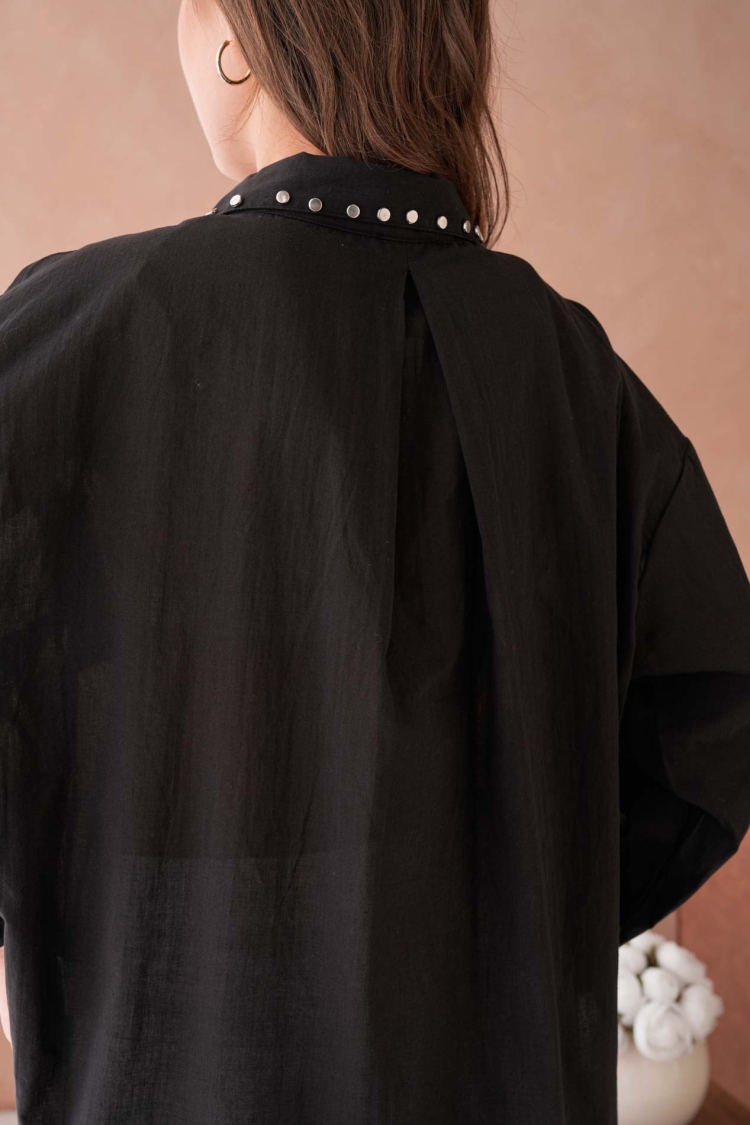 100% Cotton Slim Voile Stone Detailed Oversize Pocket Shirt 29047