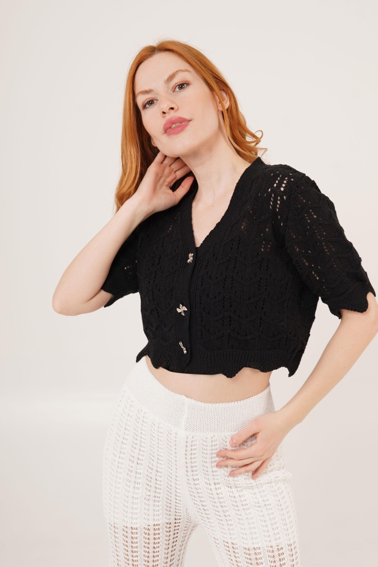 WholesaleCardigan With Openwork Short Sleeve With Bow Buttons