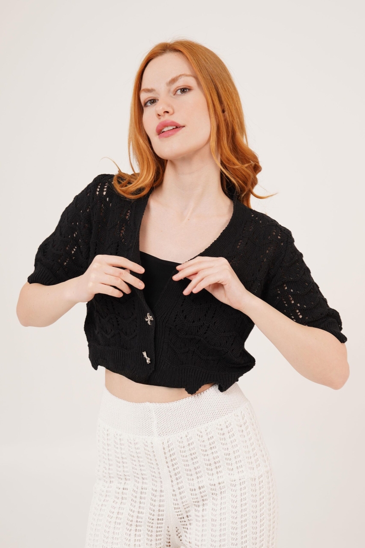 WholesaleCardigan With Openwork Short Sleeve With Bow Buttons