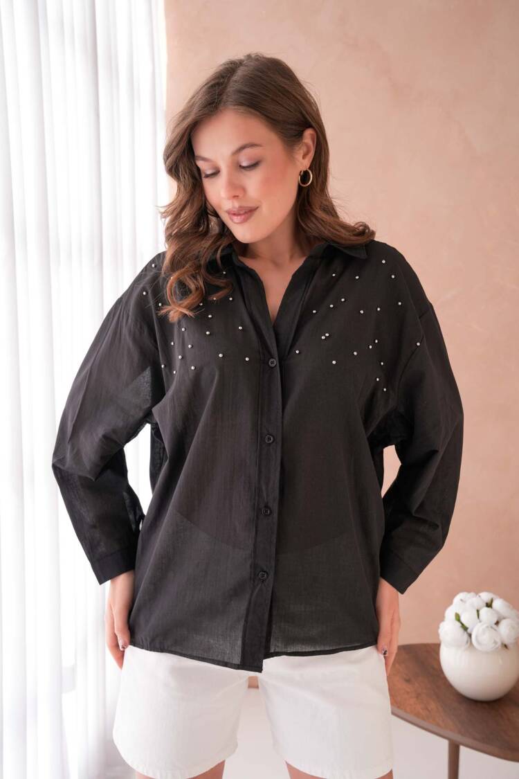 100% Cotton Slim Voile Pearl Detailed Oversize Shirt 29048
