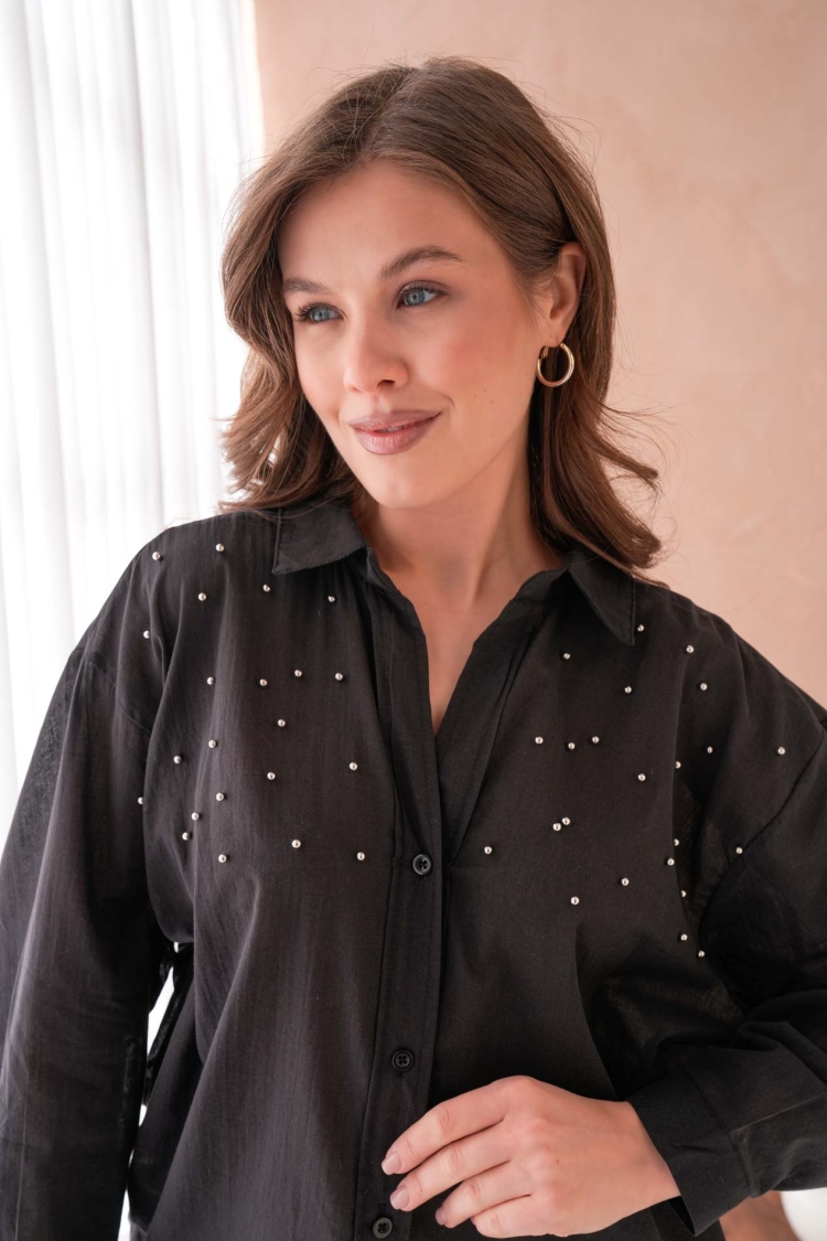 100% Cotton Slim Voile Pearl Detailed Oversize Shirt 29048