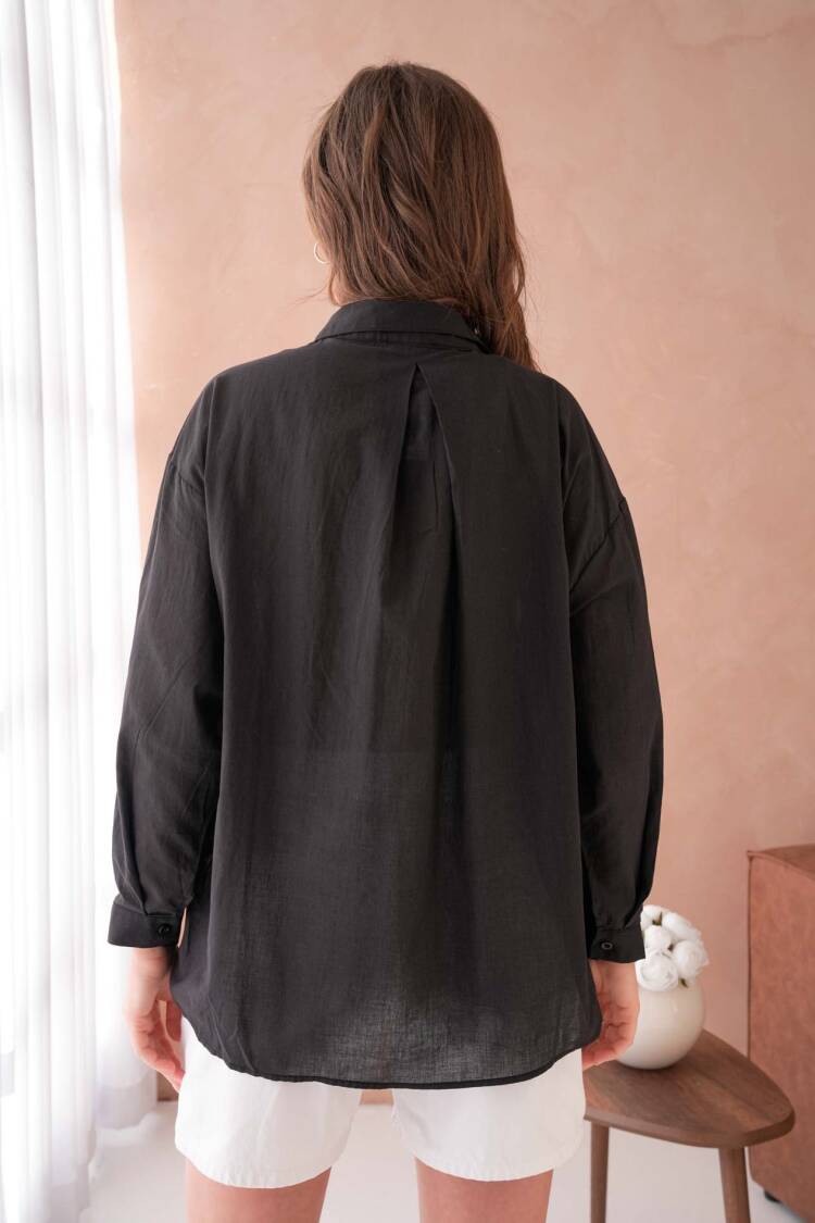 100% Cotton Slim Voile Pearl Detailed Oversize Shirt 29048