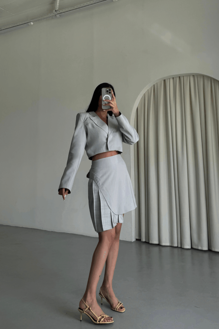 Crop Jacket Plaid Pile Detailed Skirt Set - Grey