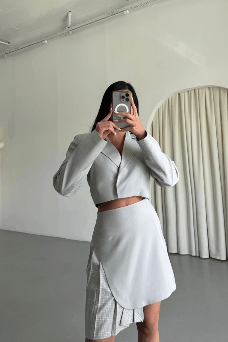 Crop Jacket Plaid Pile Detailed Skirt Set - Grey