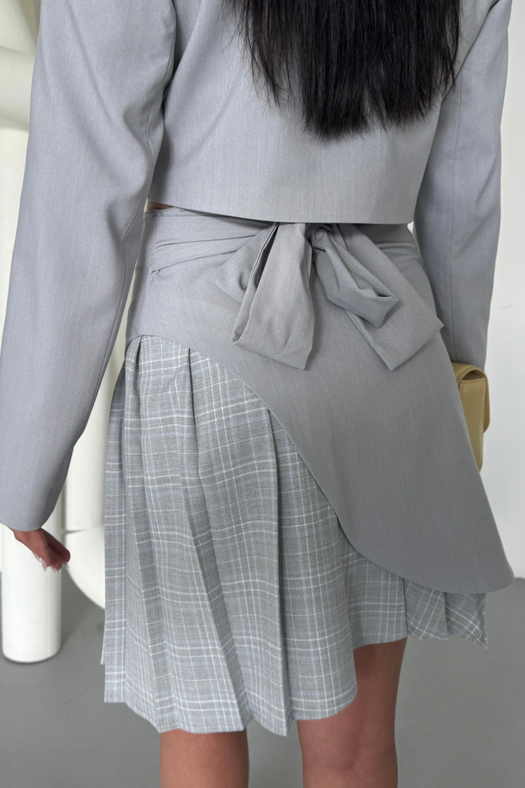 Crop Jacket Plaid Pile Detailed Skirt Set - Grey