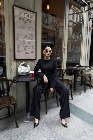 Asymmetric Buttoned Wadded Jacket Pants Set - Ouz Fashion - Globality Store - Women Clothes Wholesale Turkey