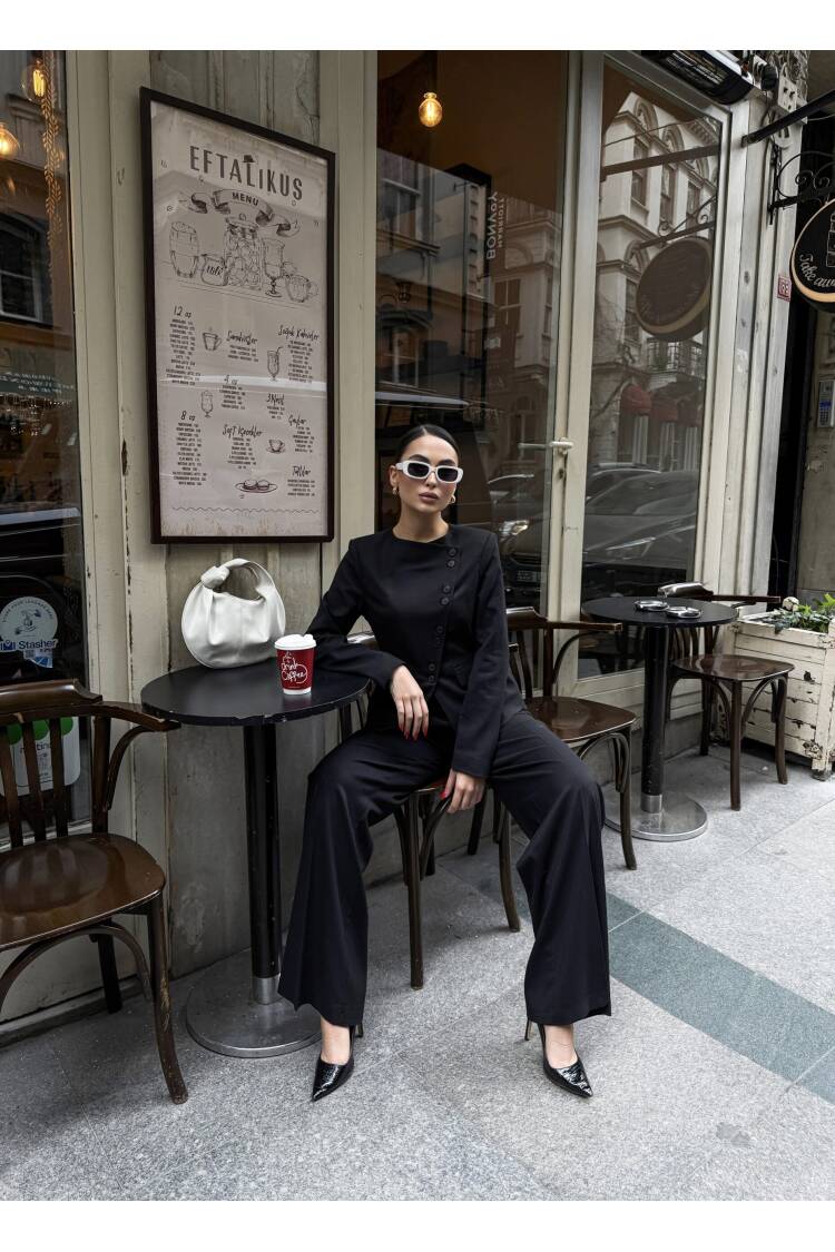 Asymmetric Buttoned Wadded Jacket Pants Set - Ouz Fashion - Globality Store - Women Clothes Wholesale Turkey