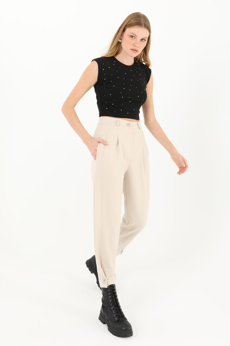 Women's Front Pleated Leg Buttoned Pants - Puane - Globality Store - Women Clothes Wholesale Turkey