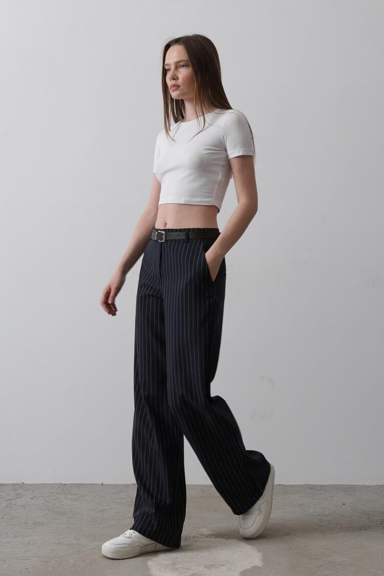 Palazzo Pants With Belt - Navy-white