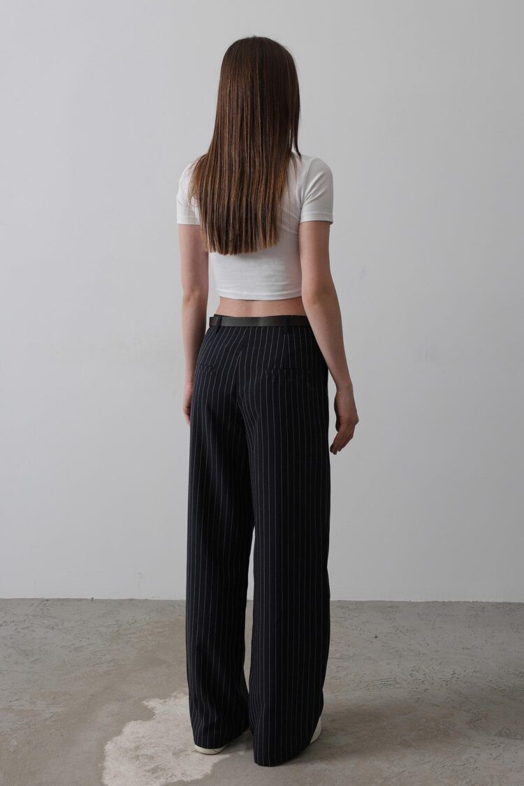 Palazzo Pants With Belt - Navy-white