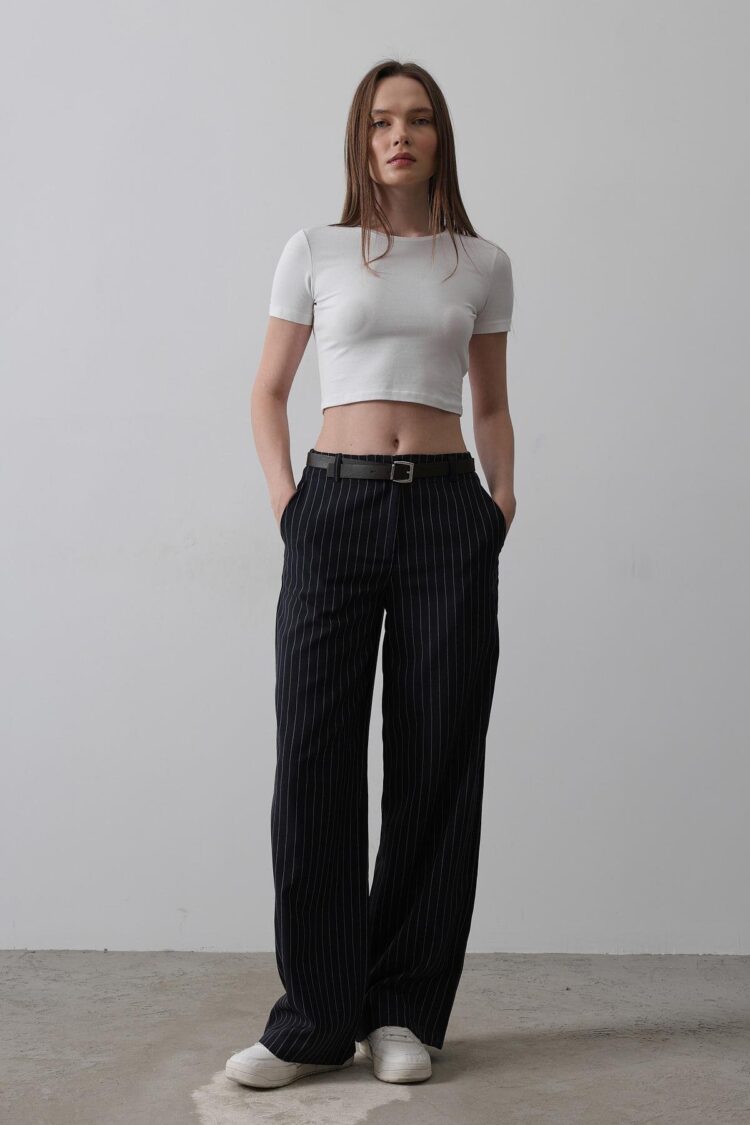 Palazzo Pants With Belt - Navy-white