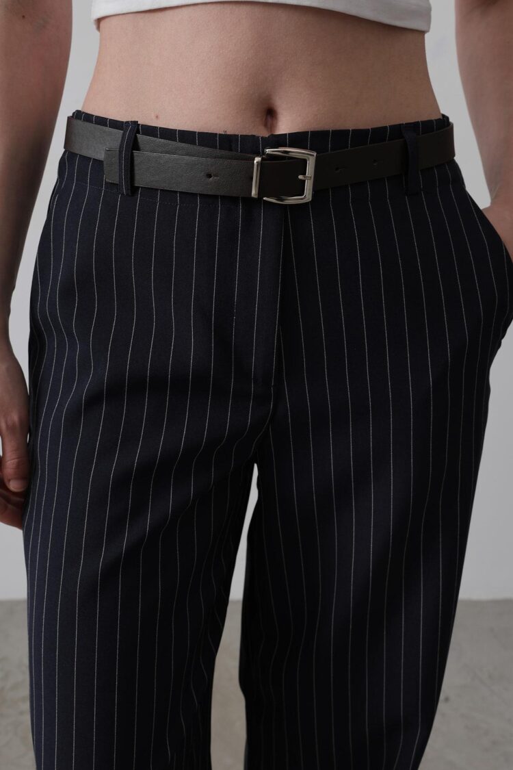 Palazzo Pants With Belt - Navy-white