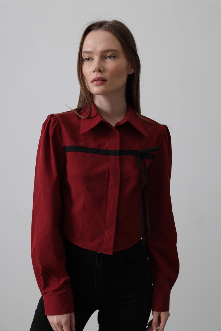 Front Contrast Bow Shirt - Burgundy
