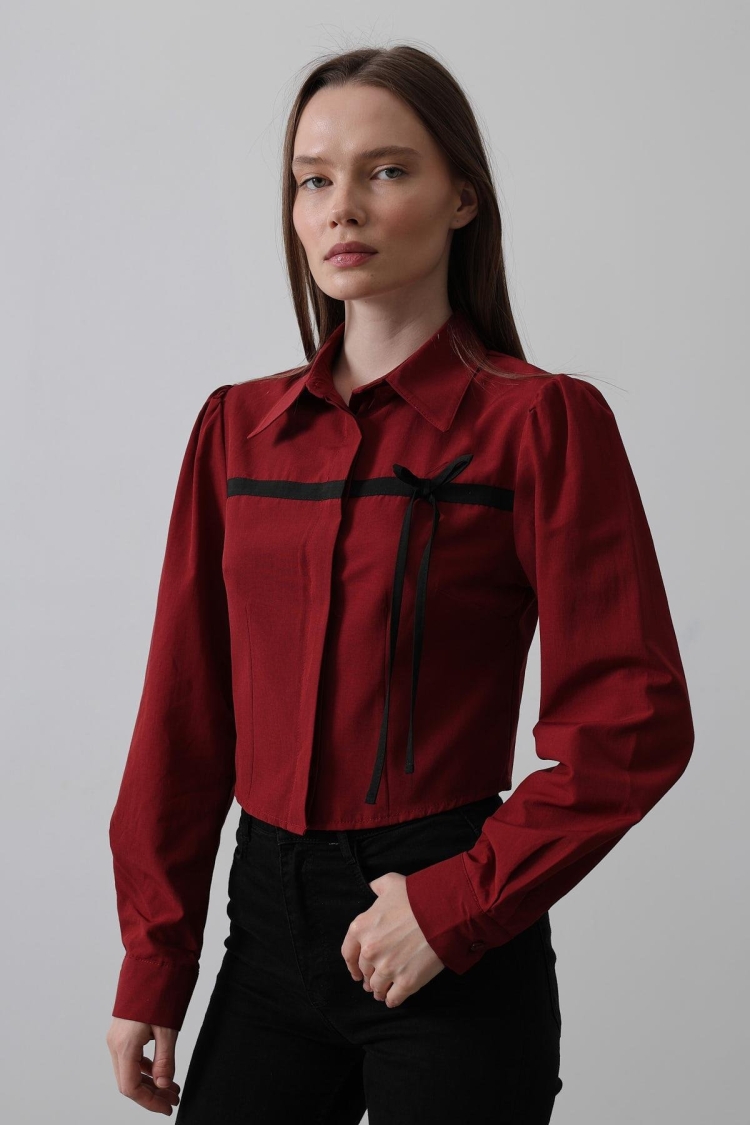 Front Contrast Bow Shirt - Burgundy