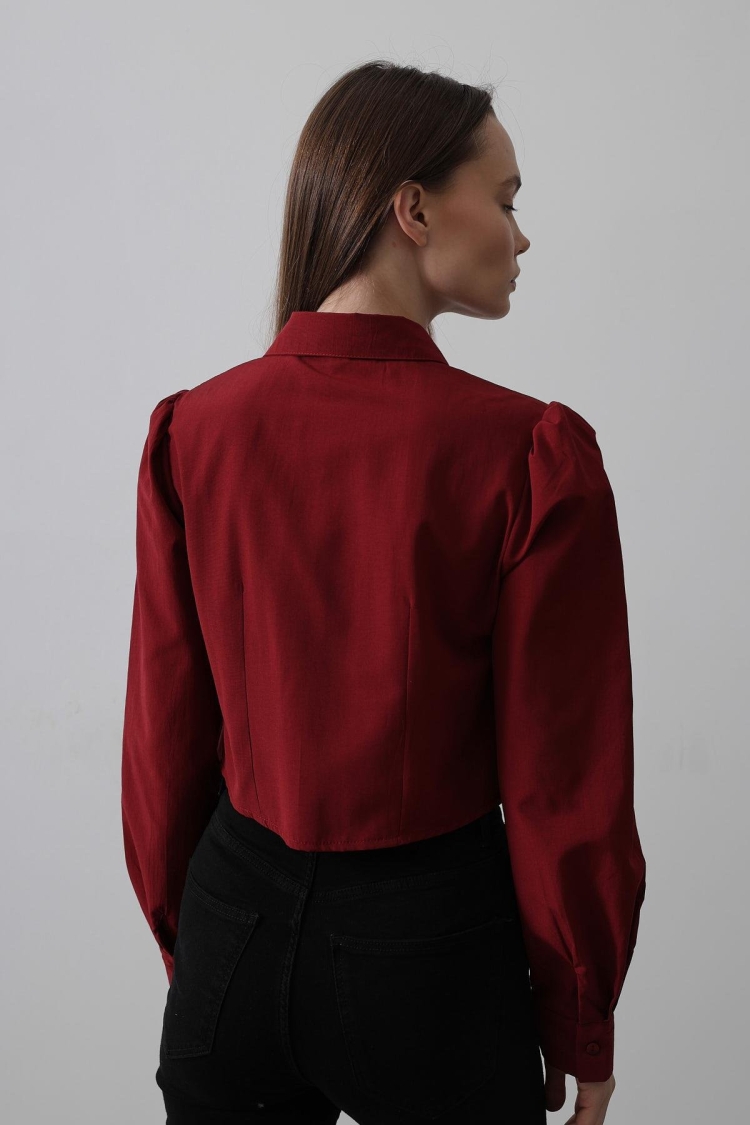 Front Contrast Bow Shirt - Burgundy