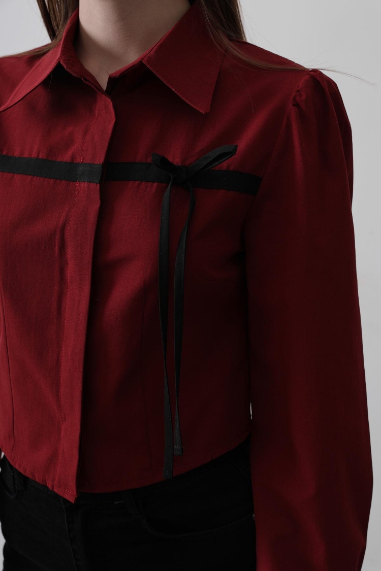 Front Contrast Bow Shirt - Burgundy