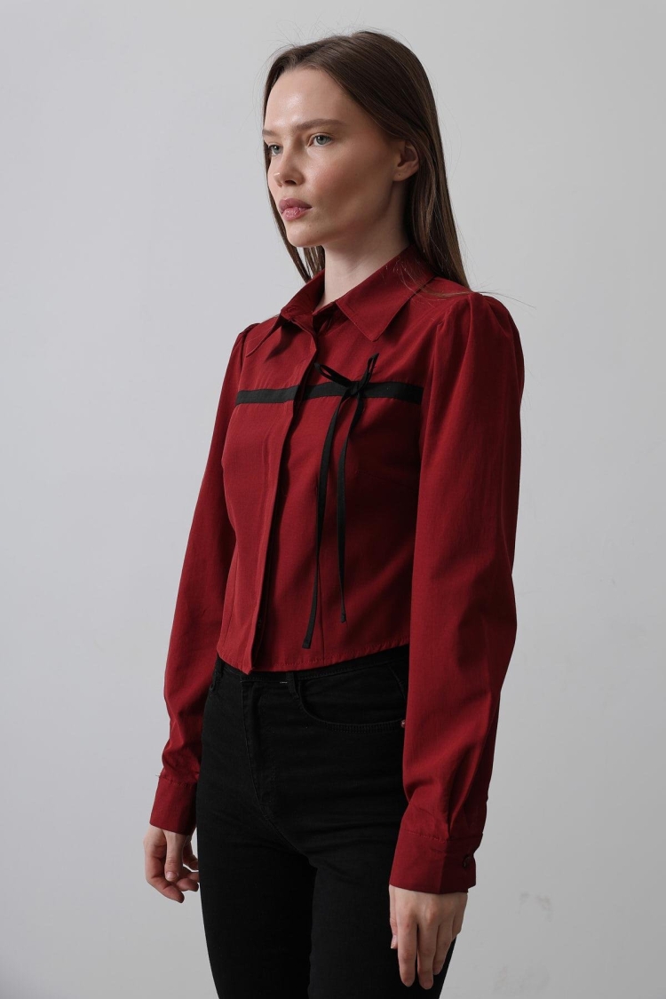 Front Contrast Bow Shirt - Burgundy - Reyon - Globality Store - Women Clothes Wholesale Turkey