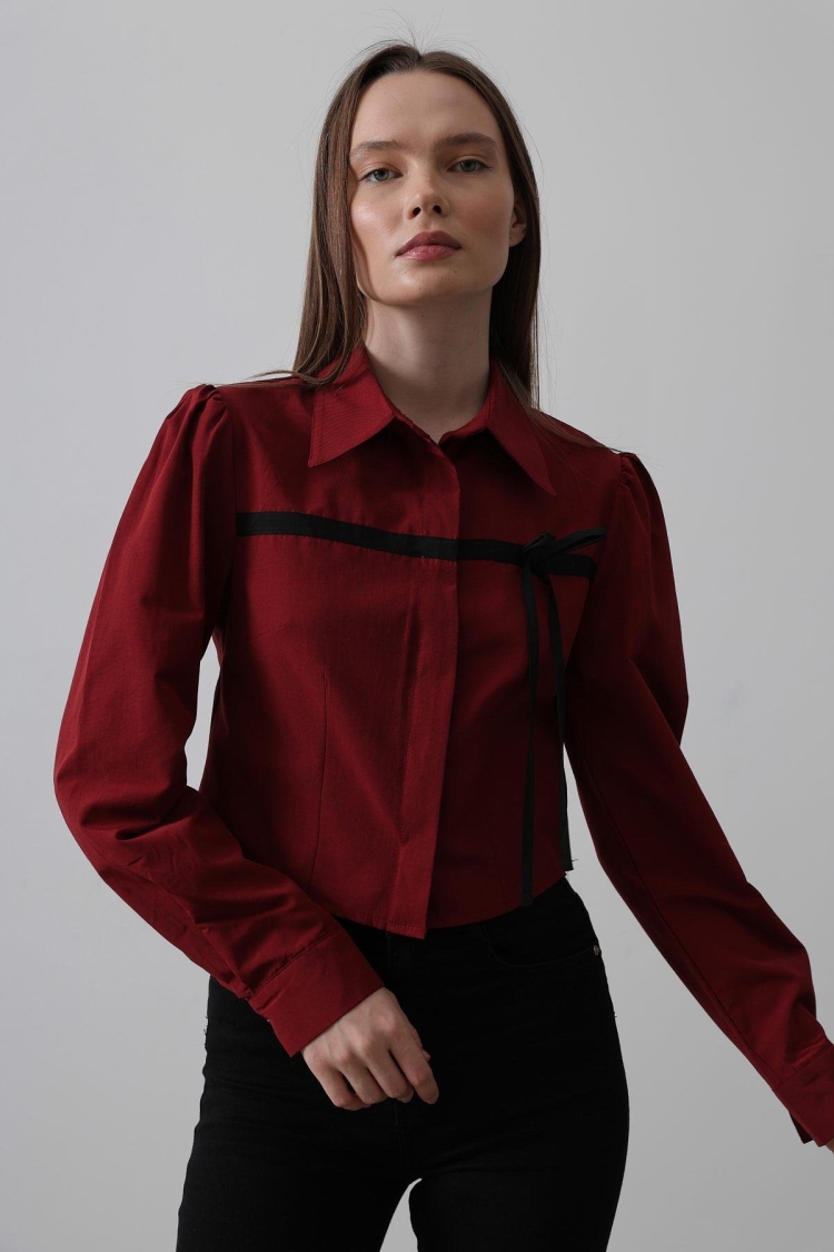 Front Contrast Bow Shirt - Burgundy