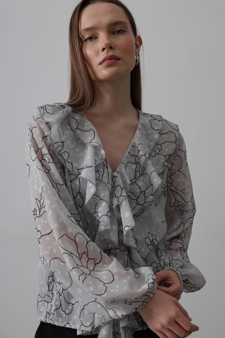 Silvery Ruffle Shirt - Reyon - Globality Store - Women Clothes Wholesale Turkey