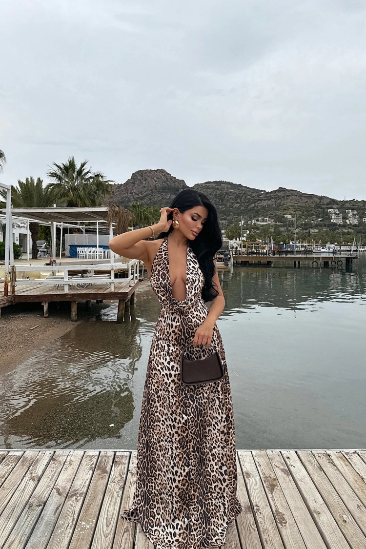 Dulcie Long Leopard Dress - EYYO ATELIER - Globality Store - Women Clothes Wholesale Turkey