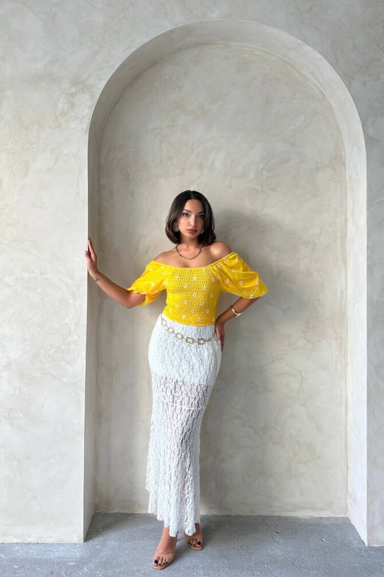 Gipe Detailed Patterned Chiffon Wholesale Blouse