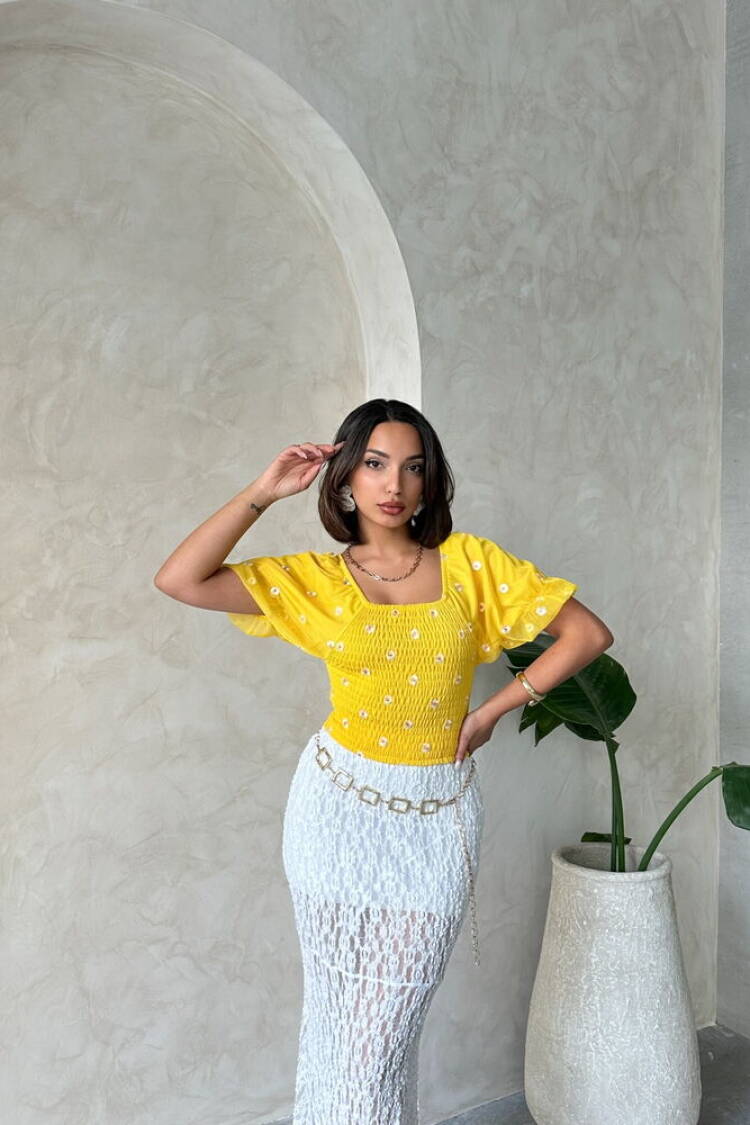 Gipe Detailed Patterned Chiffon Wholesale Blouse