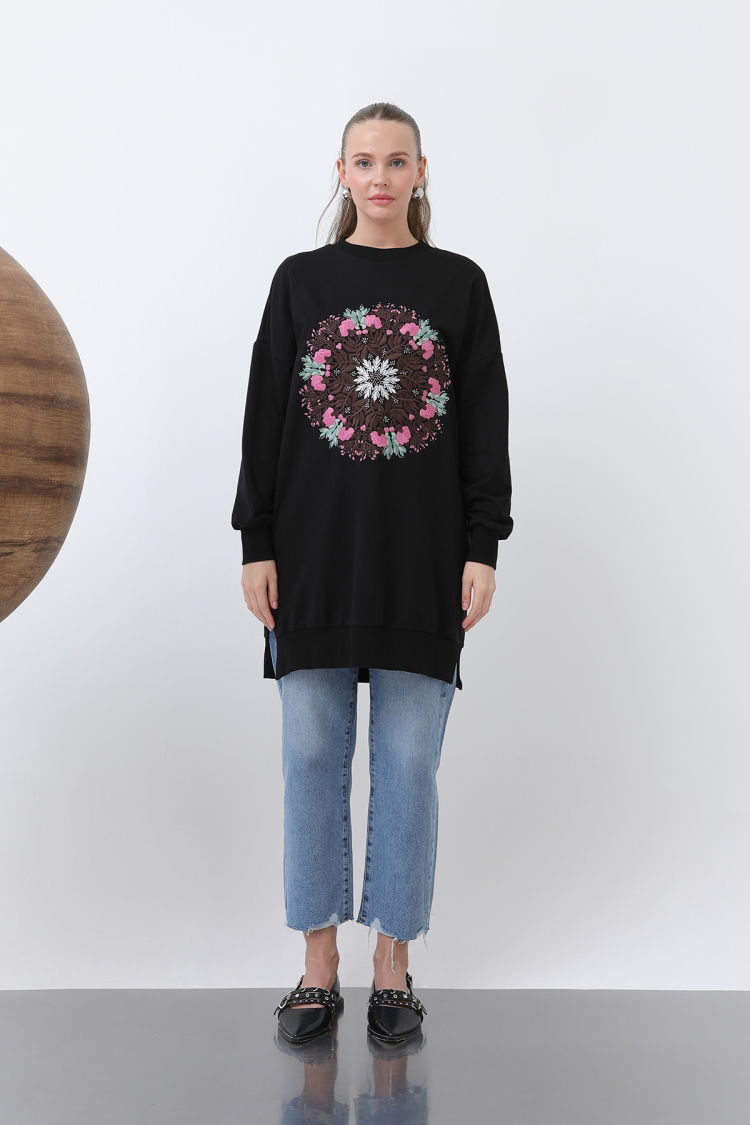 Women's Front Round Floral Embroidered Tunic