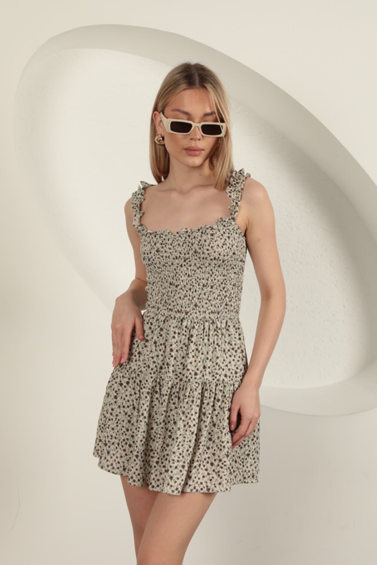 Viscose Crispy Floral Pattern Dress-Beige
