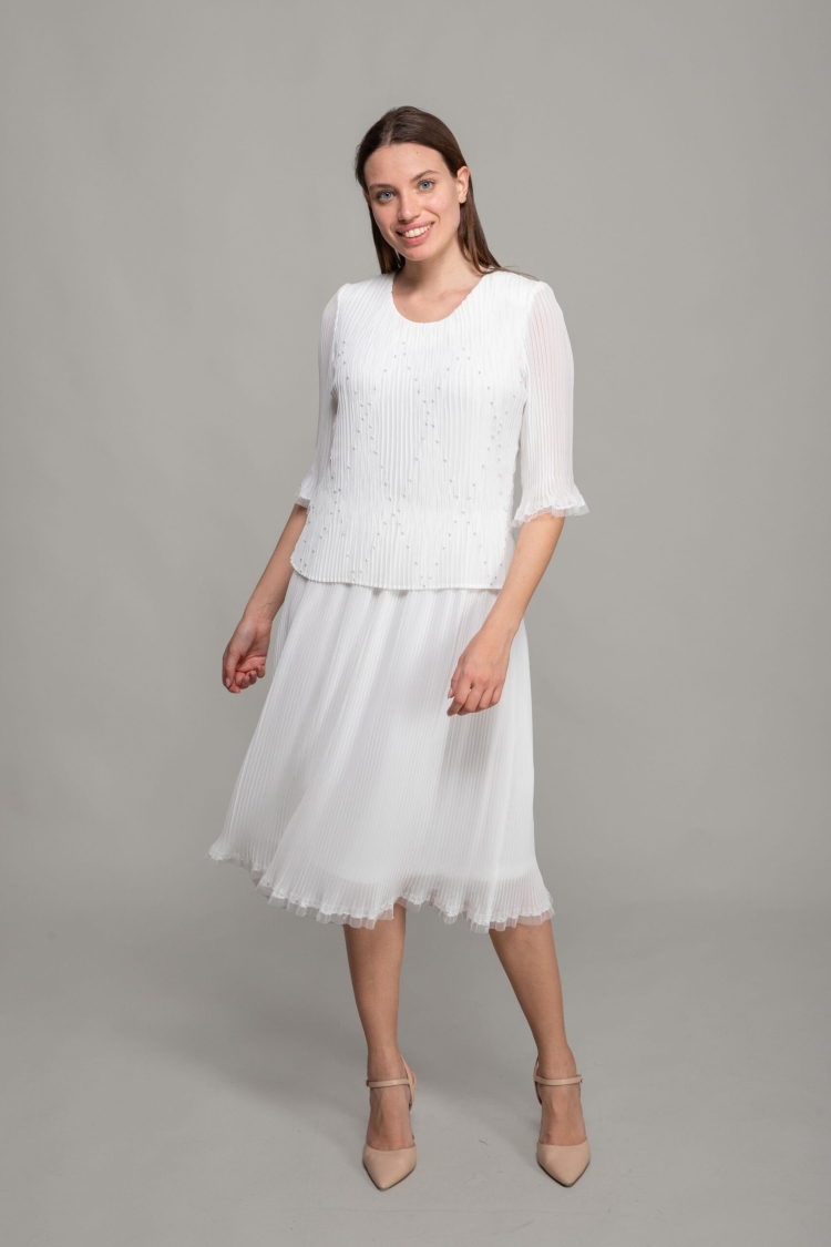Round Neck Pleated Chiffon Dress - GUMANIZE - Globality Store - Women Clothes Wholesale Turkey