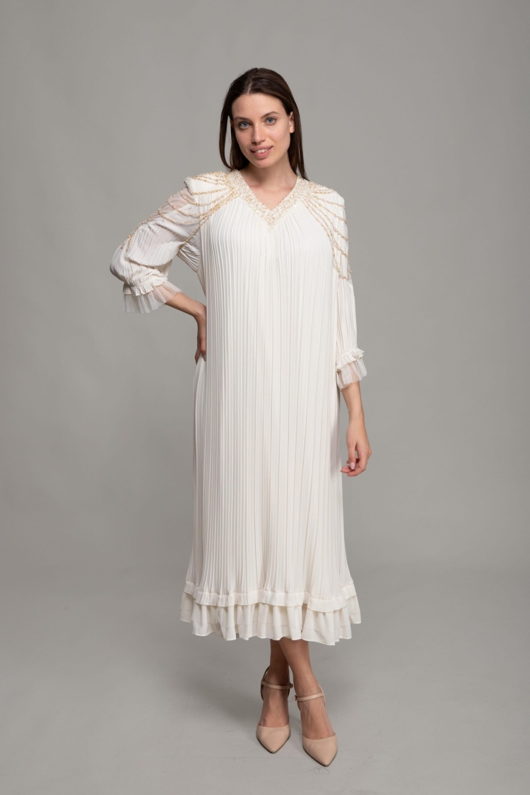 V Neck Venus Pleated Dress - GUMANIZE - Globality Store - Women Clothes Wholesale Turkey