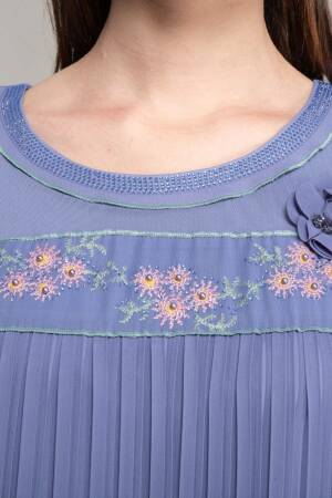 Round Neck Pleated Chiffon Dress - GUMANIZE - Globality Store - Women Clothes Wholesale Turkey