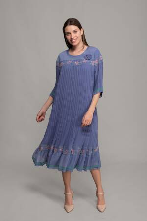 Round Neck Pleated Chiffon Dress - GUMANIZE - Globality Store - Women Clothes Wholesale Turkey