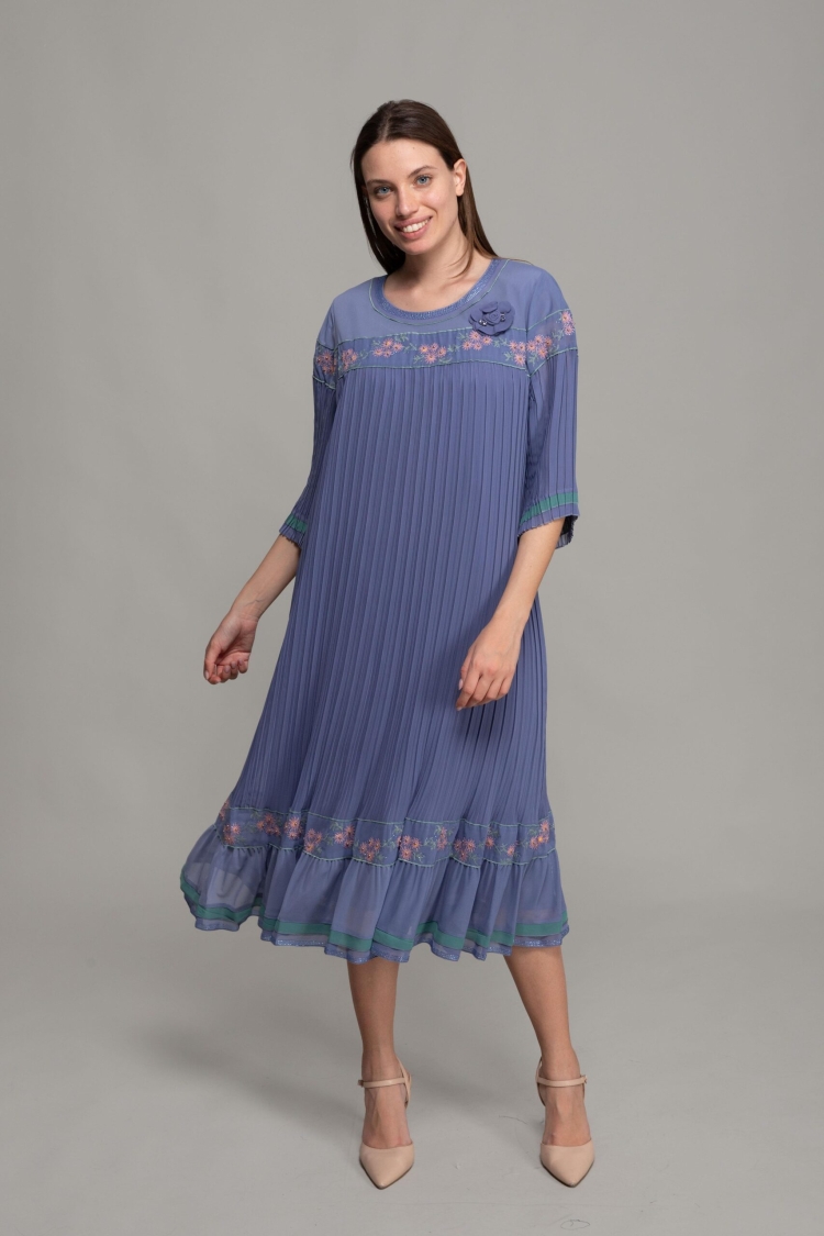 Round Neck Pleated Chiffon Dress - GUMANIZE - Globality Store - Women Clothes Wholesale Turkey