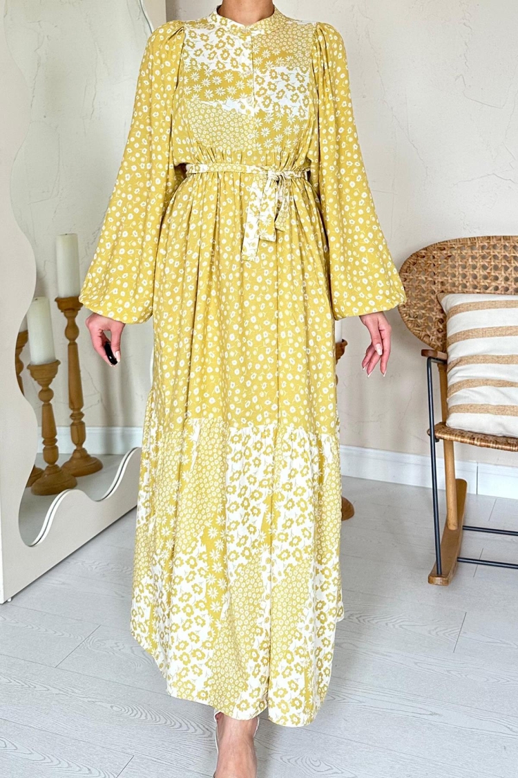 Wholesale Yellow Floral Pattern Waist Belted Dominant Collar Dress