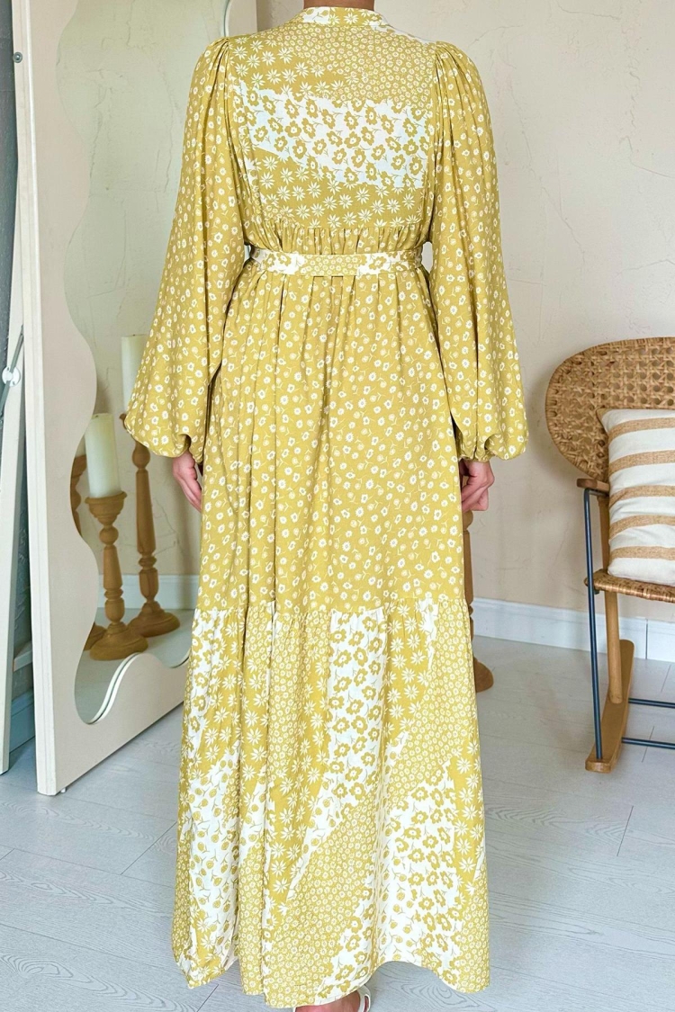 Wholesale Yellow Floral Pattern Waist Belted Dominant Collar Dress