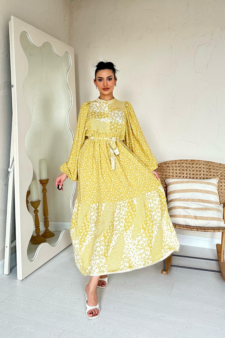 Wholesale Yellow Floral Pattern Waist Belted Dominant Collar Dress - Elisa - Globality Store - Women Clothes Wholesale Turkey